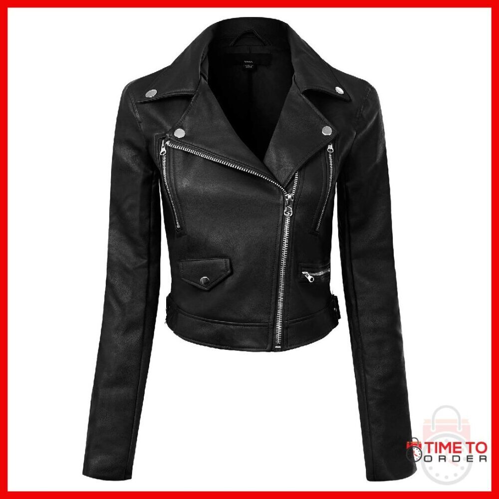 Faux Leather Moto Jacket Long Sleeve Zipper Closure Biker Style
